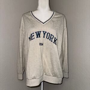 SHEIN Curve New York Letter Graphic Sweatshirt V-Neck Long Sleeve White Size 1x